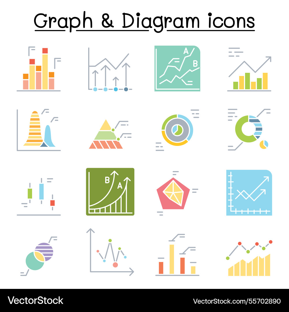 Graph diagram and chart icon set in flat color Graph diagram and chart icon set in flat color Vector Image