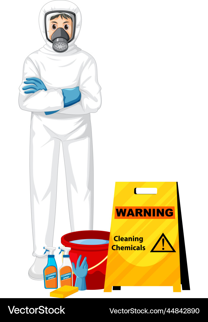 Man in protective hazmat suit with warning vector image