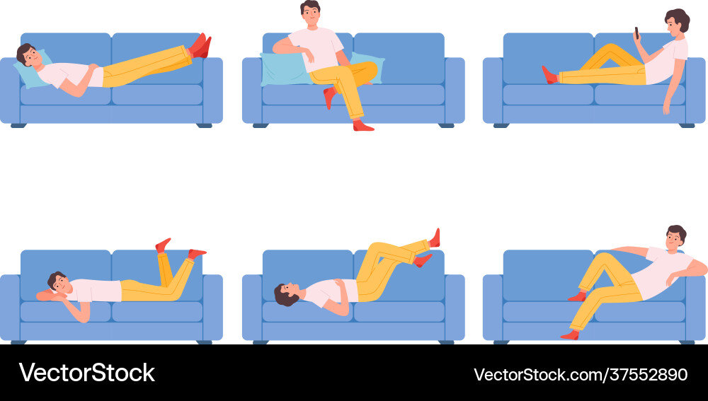 Man on couch relaxing different poses characters Vector Image