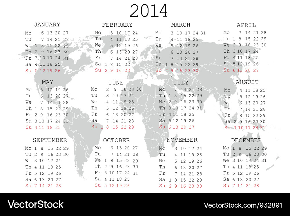 2014 World Map Calendar Vector Image