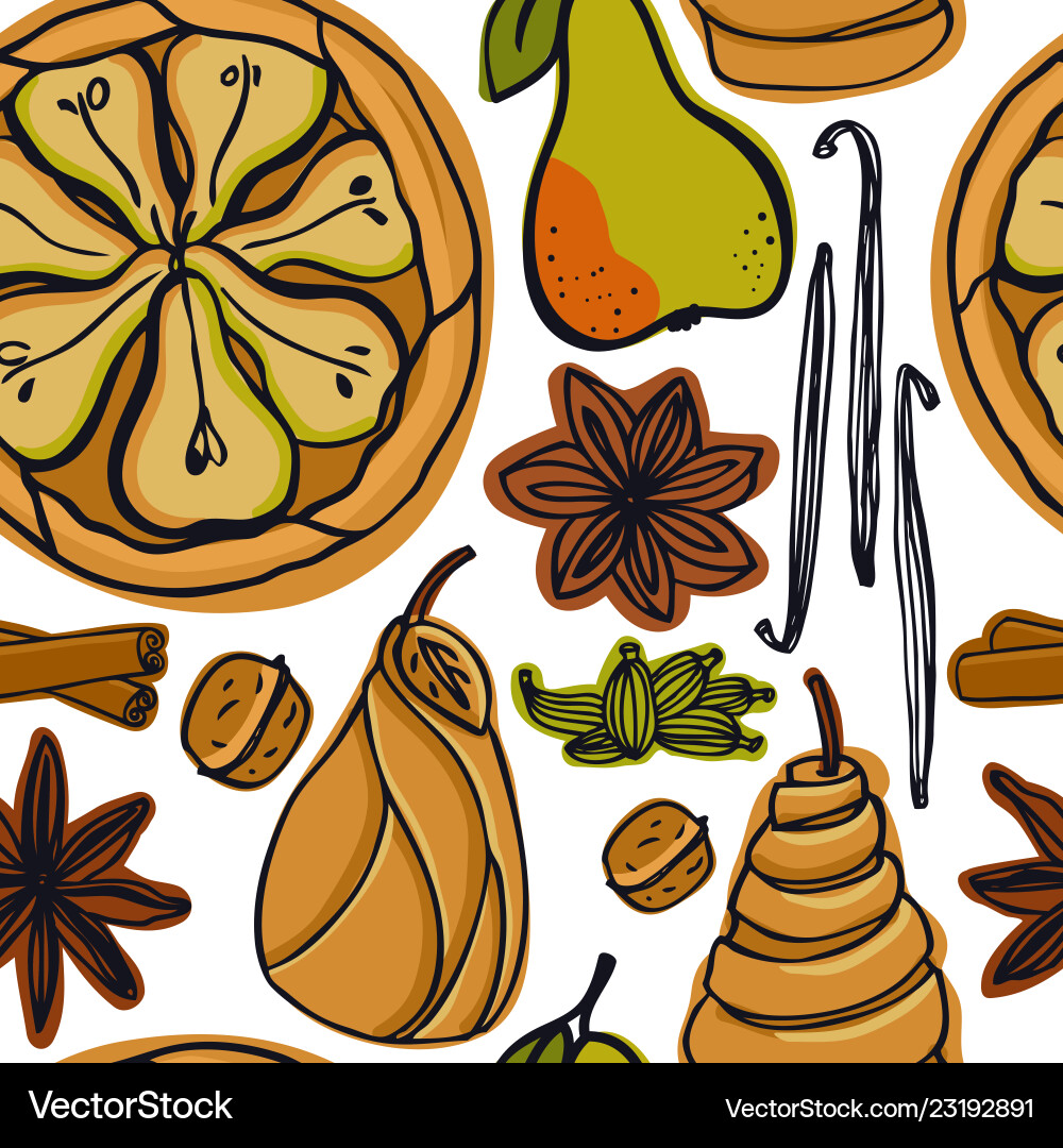 Bakery pear pie and spice seamless pattern Bakery pear pie and spice seamless pattern vector image