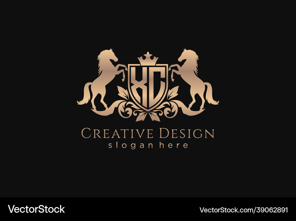 Initial xc retro golden crest with shield and two vector image