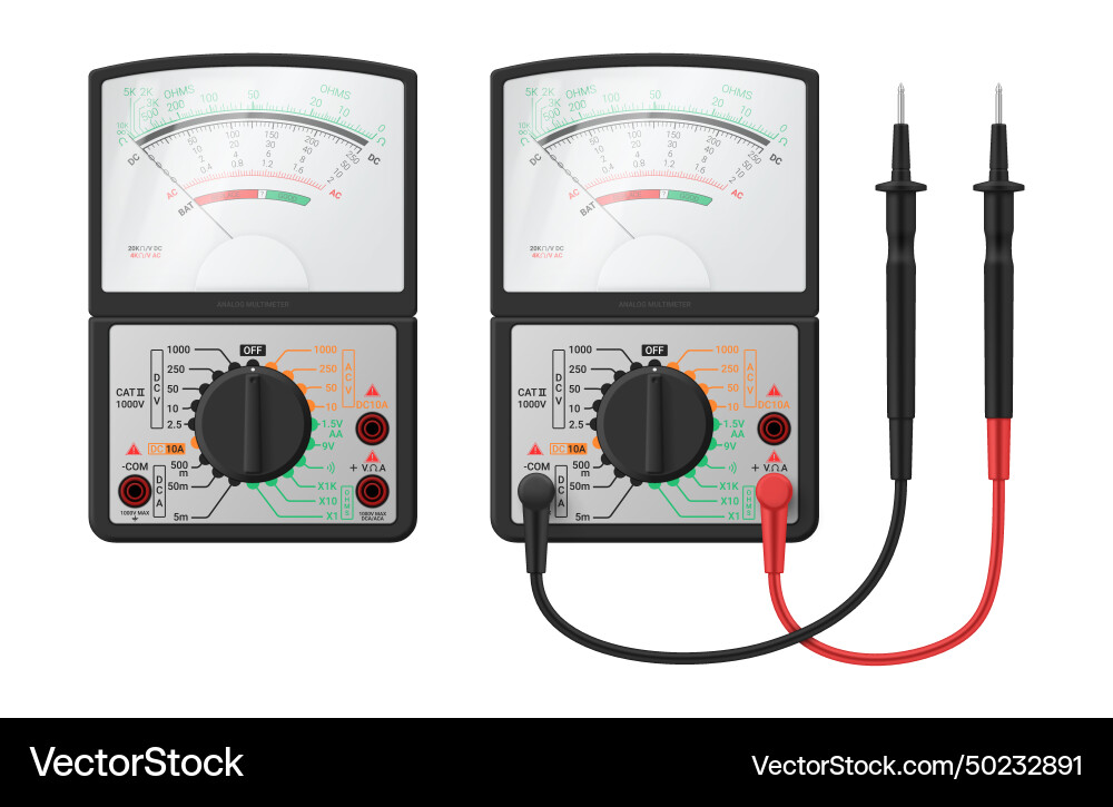 Pointer multimeter with probes and analogue arrow Pointer multimeter with probes and analogue arrow vector image
