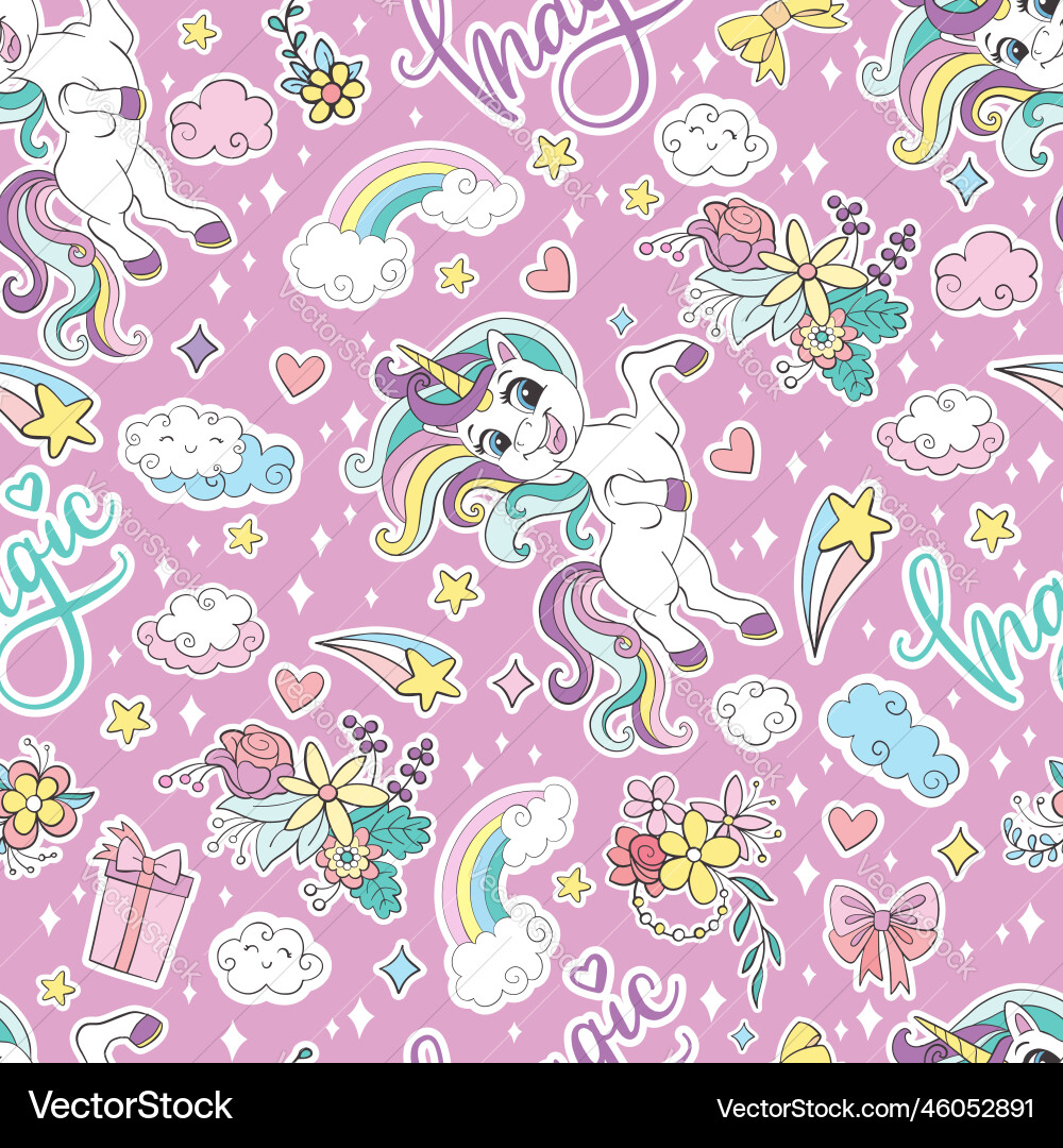Seamless pattern with joyful unicorns and magic Seamless pattern with joyful unicorns and magic vector image