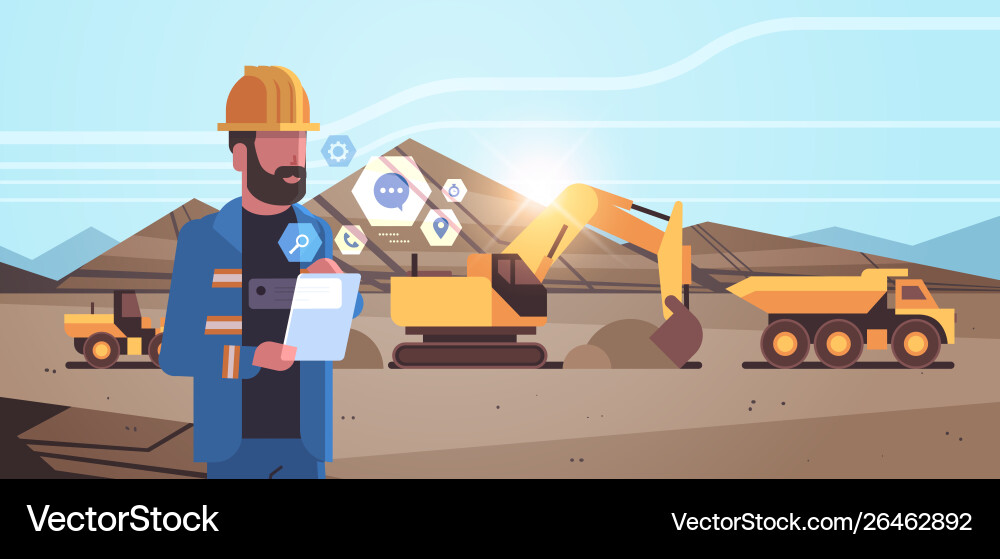 Open pit man worker in helmet using mobile app Open pit man worker in helmet using mobile app vector image