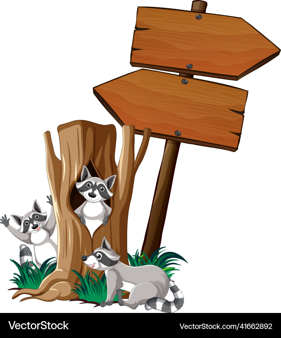 Raccoon with wooden sign banner Raccoon with wooden sign banner vector image