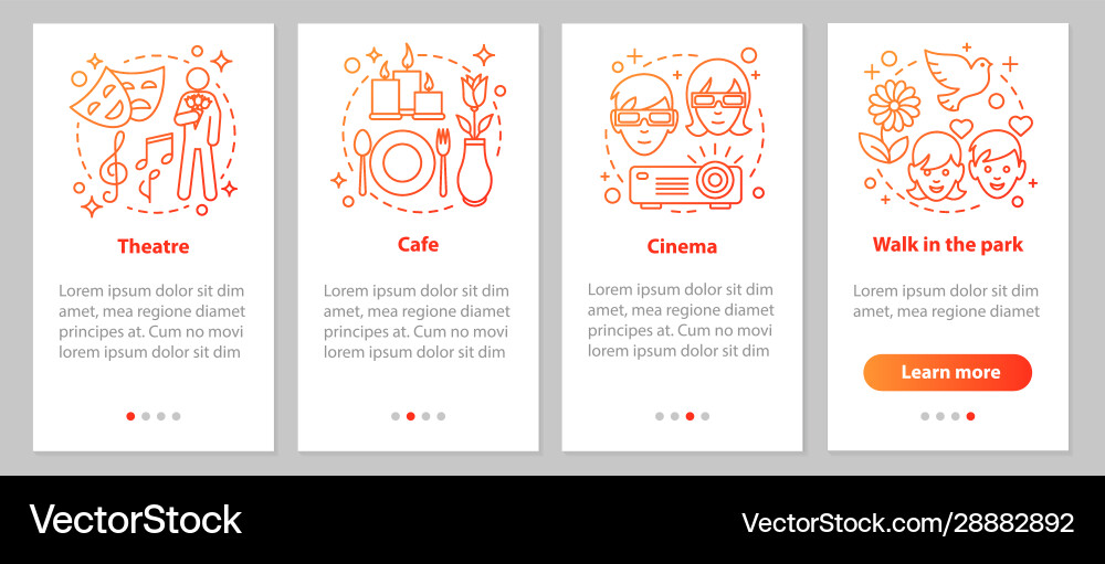 Types dates onboarding mobile app page screen Types dates onboarding mobile app page screen vector image