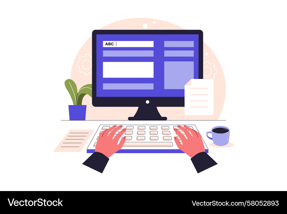 Data entry with computer screen and document Vector Image