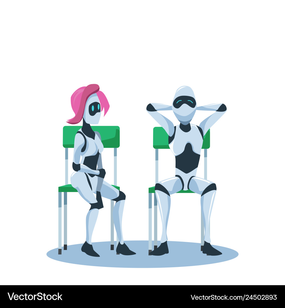 Entspannte männliche und pensive weibliche Roboter sitzen auf Stuhl Entspannte männliche und pensive weibliche Roboter sitzen auf Stuhl vektorbild