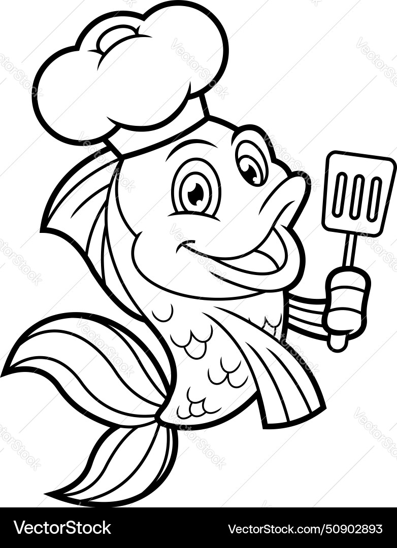 Outlined cute fish chef cartoon character vector image