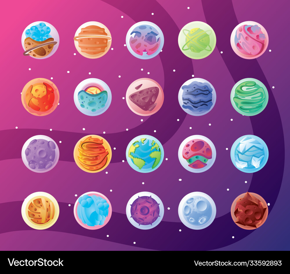 Set icons with planets solar system Set icons with planets solar system Vector Image