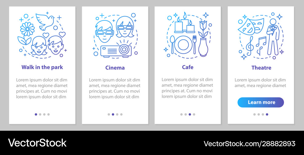 Types dates onboarding mobile app page screen vector image