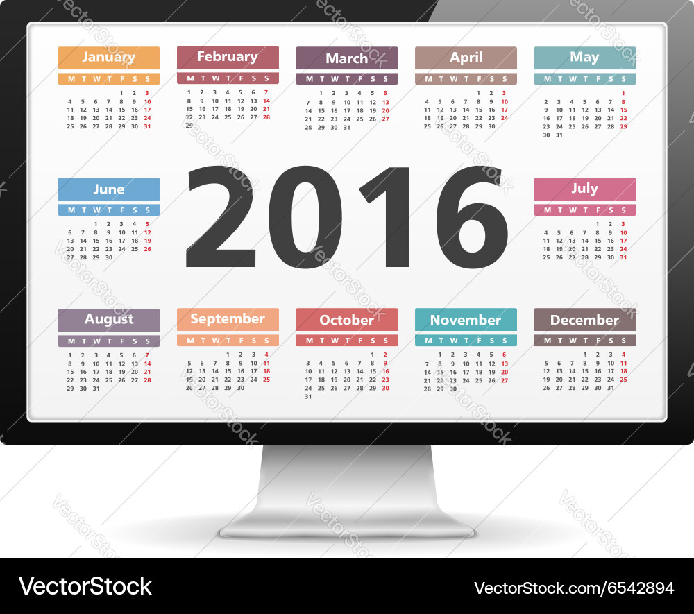 2016 Calendar on Computer Monitor vector image