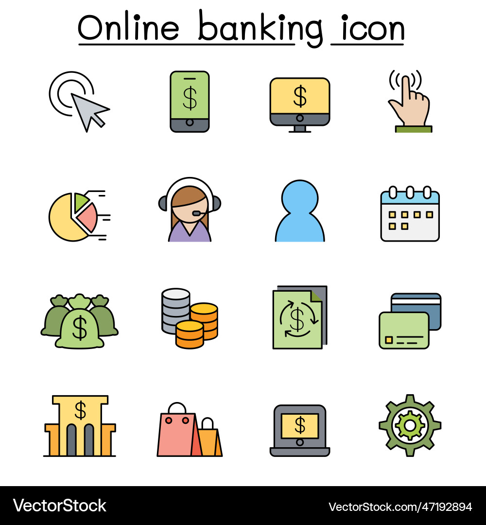 Internet banking color line icon set vector image