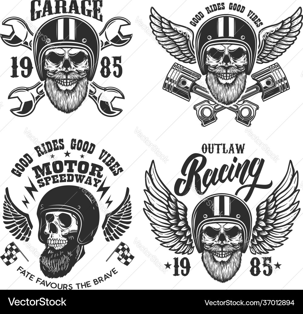 Set emblems with bearded skull in racer vector image