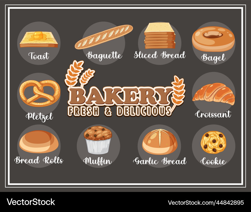 Different types of bread with name vector image