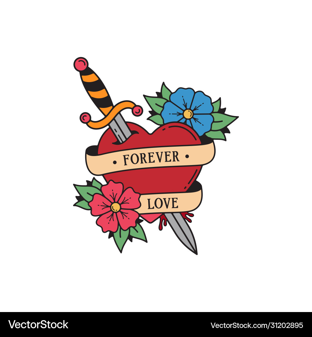 Old school tattoo emblem label with dagger heart Old school tattoo emblem label with dagger heart vector image