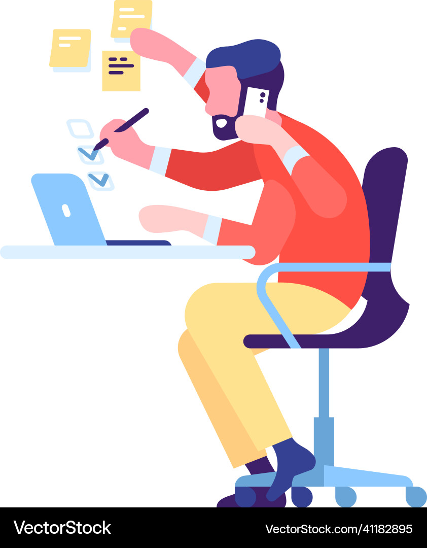 Work effieciency man doing many tasks at once Work effieciency man doing many tasks at once vector image