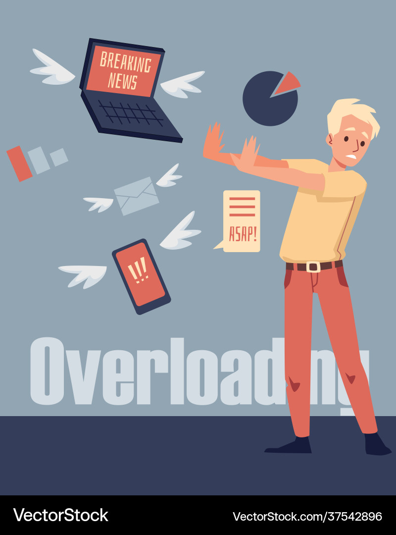 Card with man suffering information overloading vector image