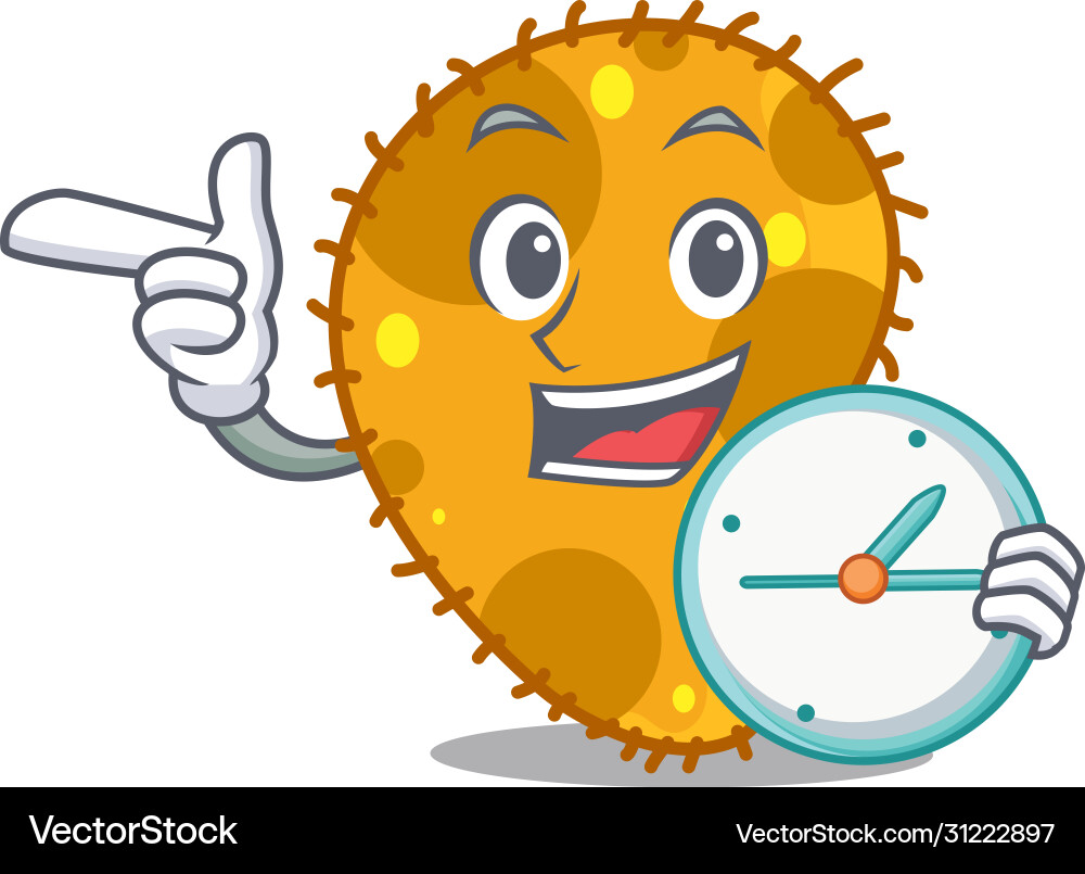 Pseudomonas mascot design smiling with clock Pseudomonas mascot design smiling with clock Vector Image
