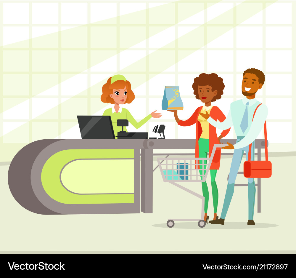 Retail woman cashier and young couple Retail woman cashier and young couple Vector Image