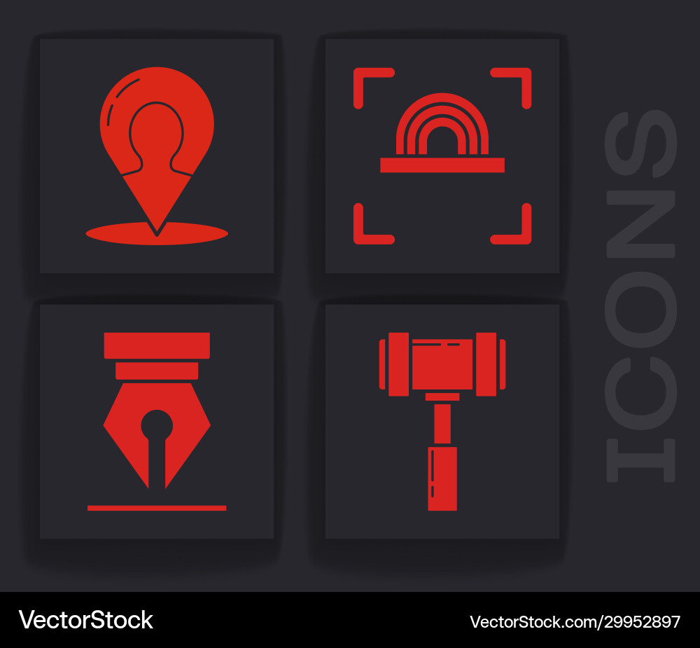 Set judge gavel map marker with a silhouette Set judge gavel map marker with a silhouette Vector Image