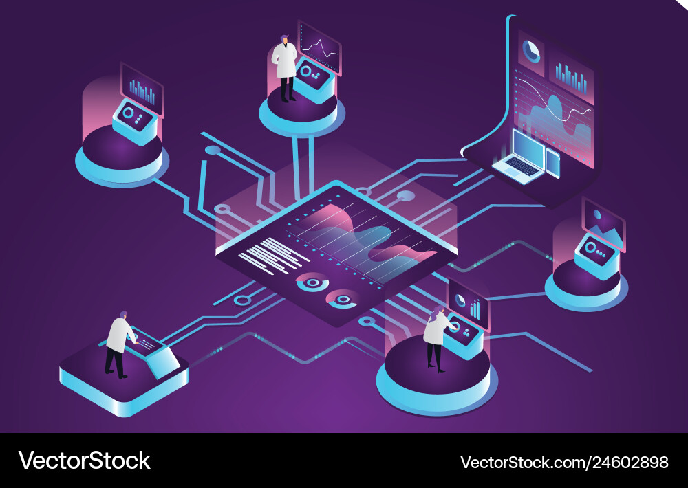 3d isometric scientist analyzing and processing 3d isometric scientist analyzing and processing vector image