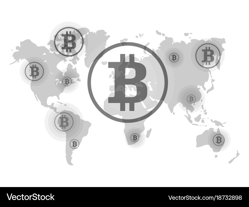 Bitcoin on world map points of reception vector image