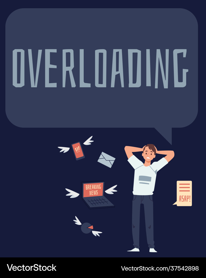 Information overloading poster with man in panic Information overloading poster with man in panic Vector Image