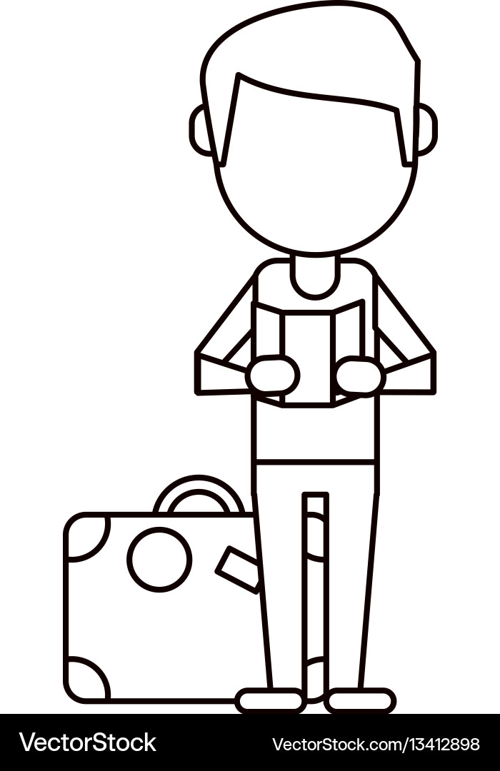 Man with travel bag and map thin line Vector Image