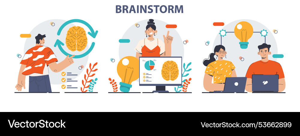 Brainstorm set new idea generation in a teamwork Brainstorm set new idea generation in a teamwork vector image