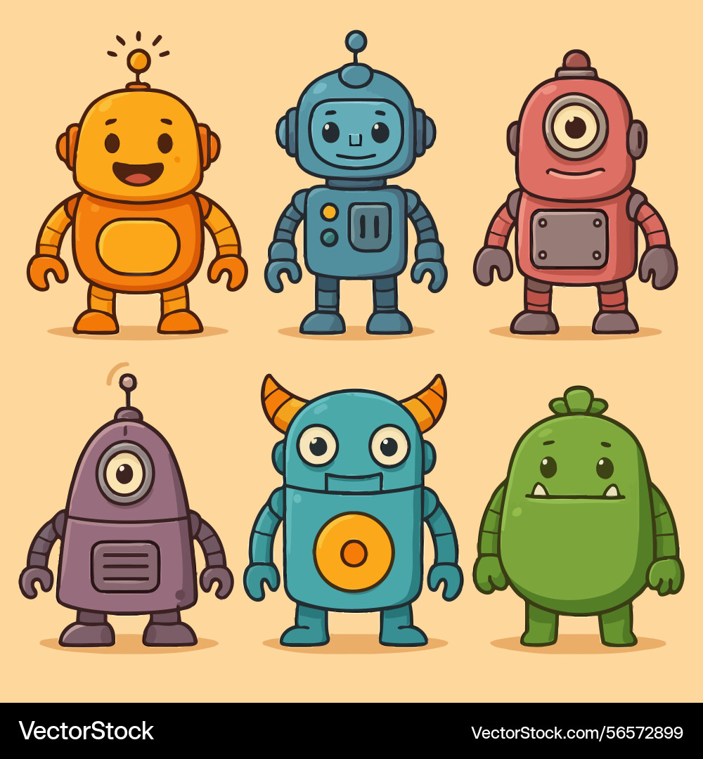 Cartoon robots and creature characters collection Vector Image