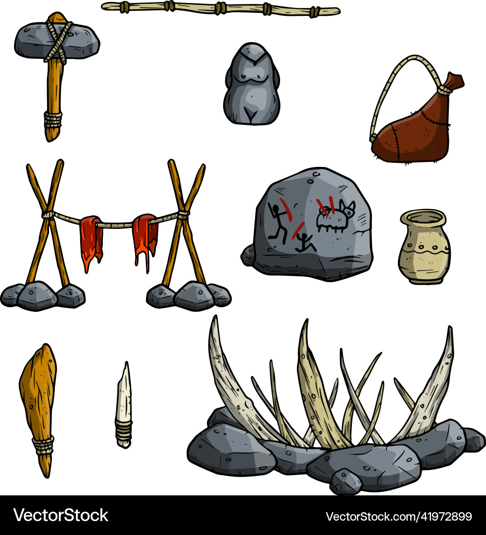 Set of items primitive man and hunter Set of items primitive man and hunter Vector Image