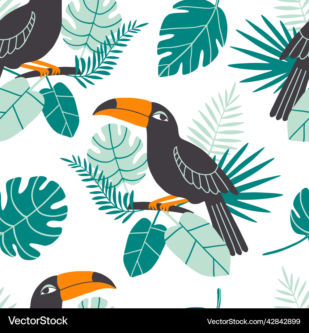 Toucan with palm leaves seamless pattern Toucan with palm leaves seamless pattern Vector Image