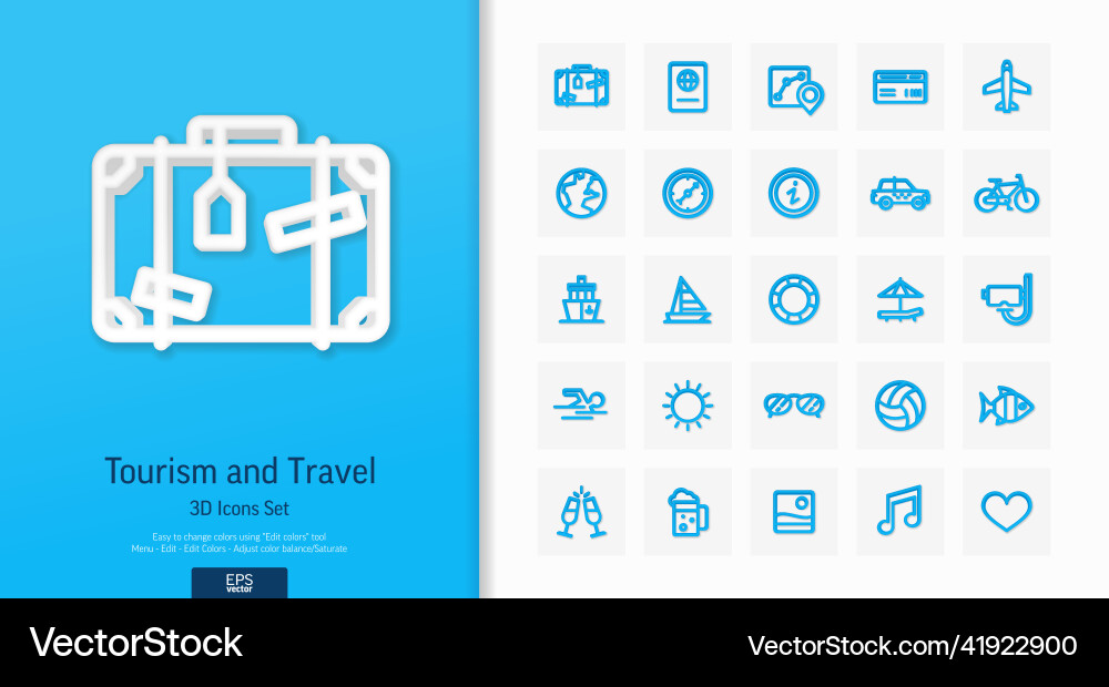 3d realistic style icons set with travel 3d realistic style icons set with travel vector image