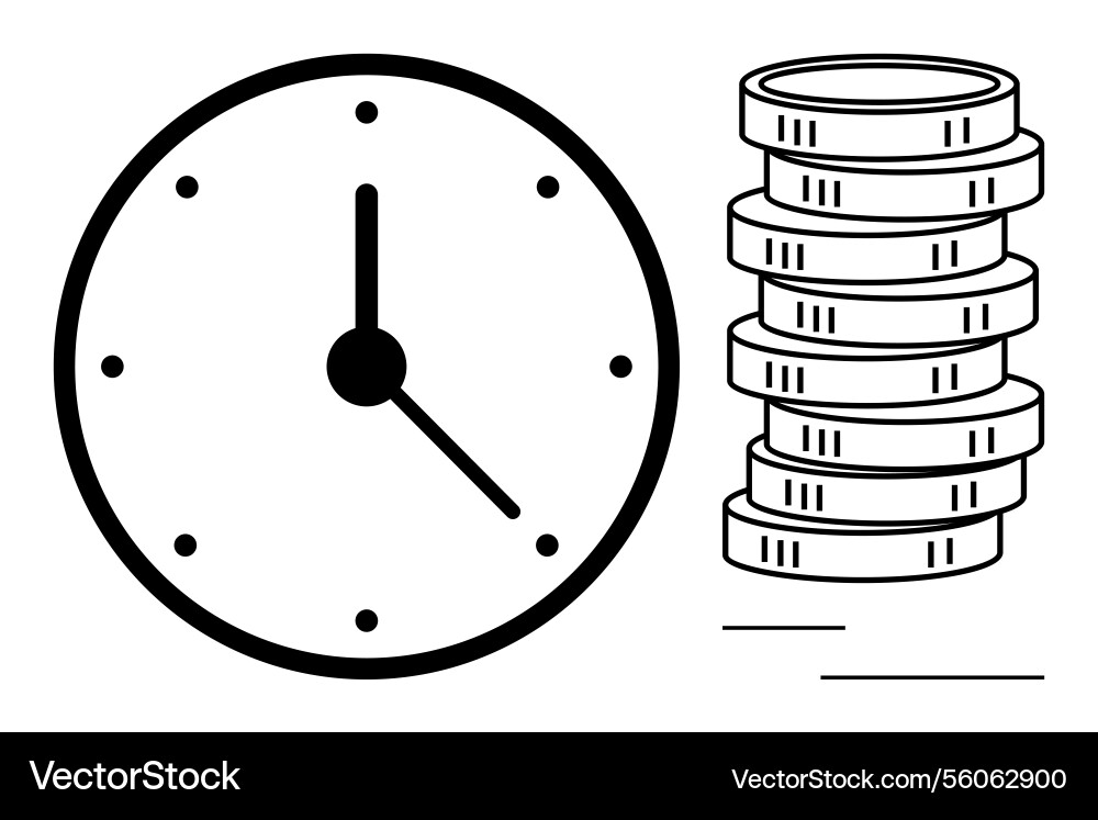 Clock and stack of coins representing time Vector Image