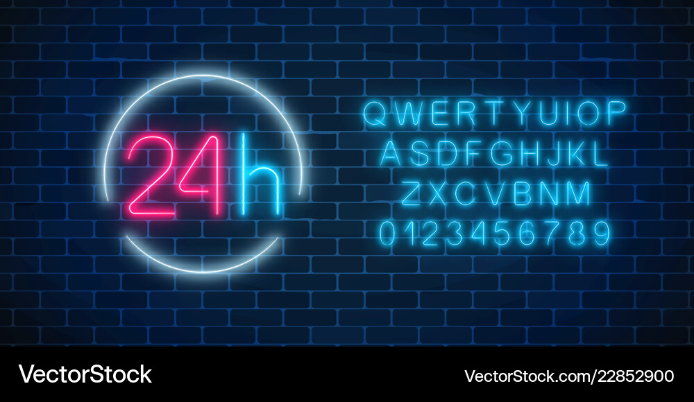 Neon open 24 hours sign in circle frame Neon open 24 hours sign in circle frame Vector Image