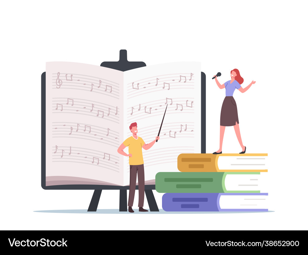 Tiny characters teacher with pointer and student Tiny characters teacher with pointer and student Vector Image