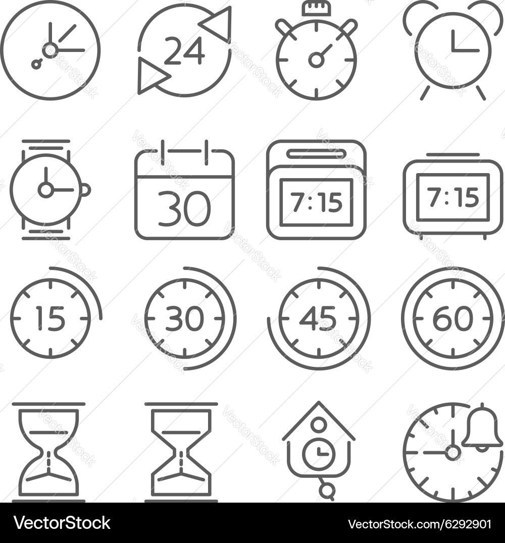Clock and Time Icons - Thin Line Style Vector Image