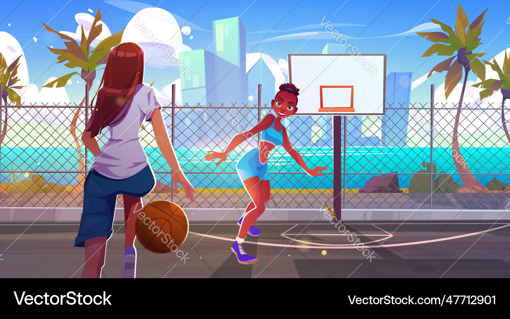 Mädchen spielen Basketball auf Straßengericht Strand und Meer Mädchen spielen Basketball auf Straßengericht Strand und Meer vektorbild