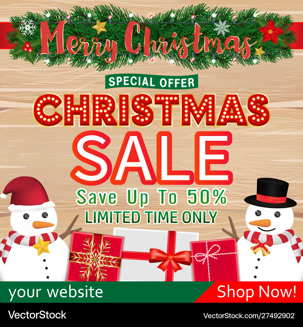Christmas sale banner design with snowman gift box Christmas sale banner design with snowman gift box vector image