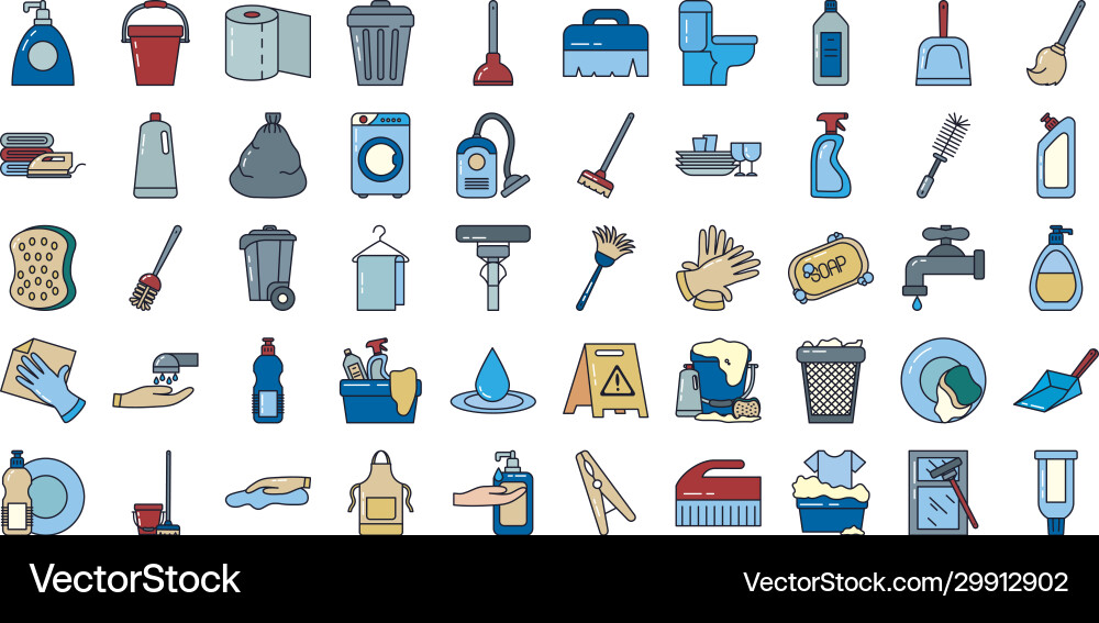 Cleaning service line and fill style icon set Cleaning service line and fill style icon set vector image