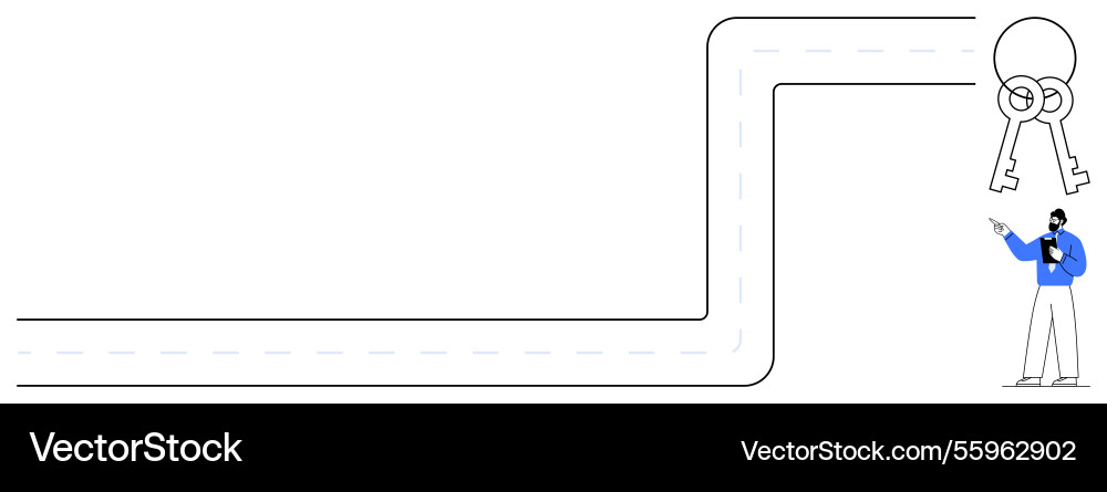 Man pointing toward large key symbols at the end Man pointing toward large key symbols at the end vector image