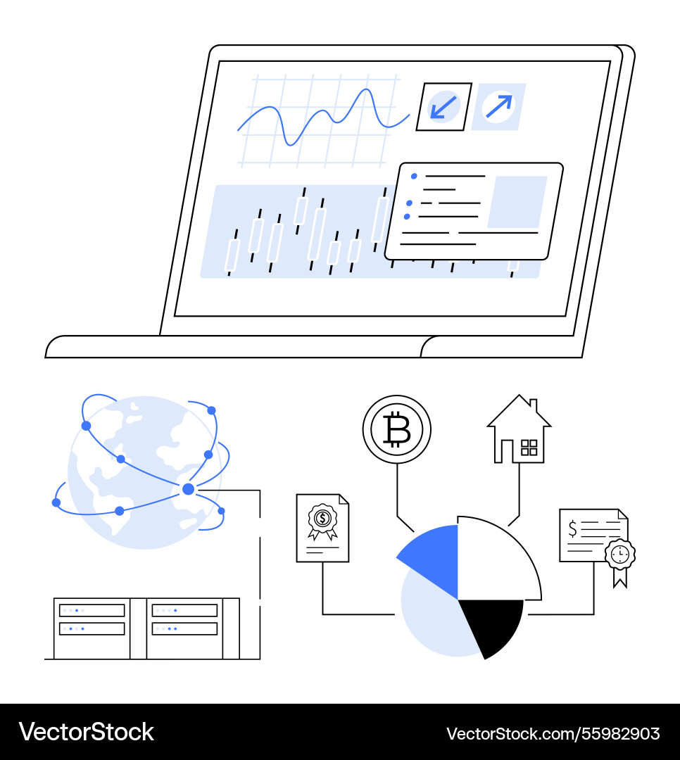 Laptop displaying data analytics with global Laptop displaying data analytics with global vector image