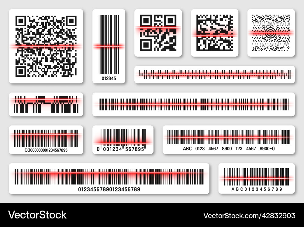 Product barcodes and qr codes with red scanning Product barcodes and qr codes with red scanning vector image