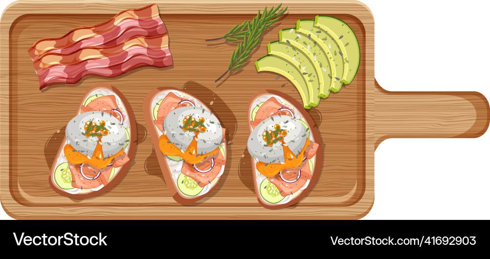 Top view food egg benedict on wood plate white Vector Image