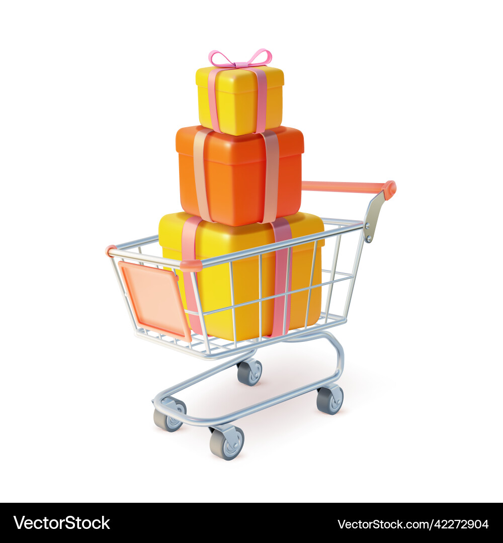 3d shopping cart with heap present boxes 3d shopping cart with heap present boxes vector image