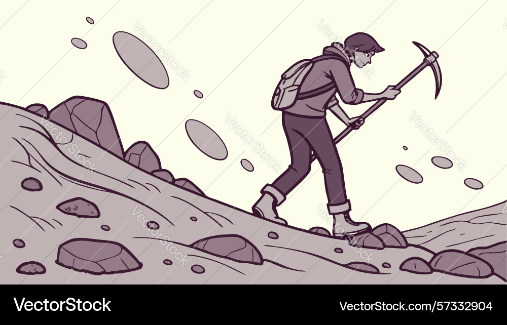 Determined digger person mining with pickaxe Vector Image