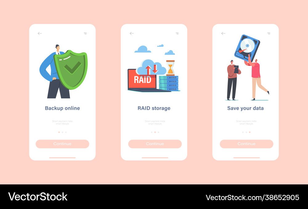 Backup online raid storage mobile app page Backup online raid storage mobile app page vector image