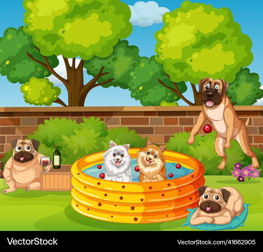 Five dogs playing in the garden vector image